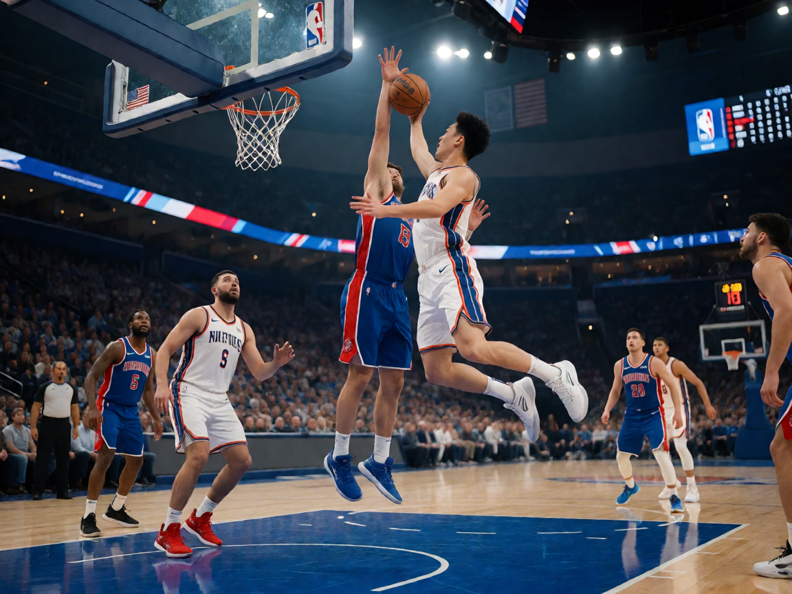 NBA篮球比赛现场，球员空中对抗精彩画面
